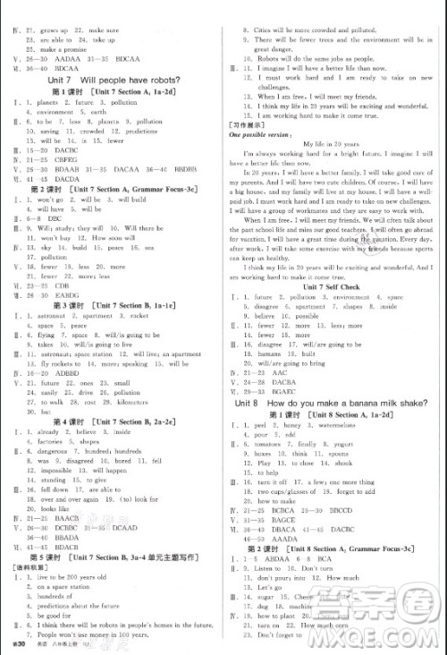 阳光出版社2021全品学练考英语八年级上册RJ人教版江西专版答案