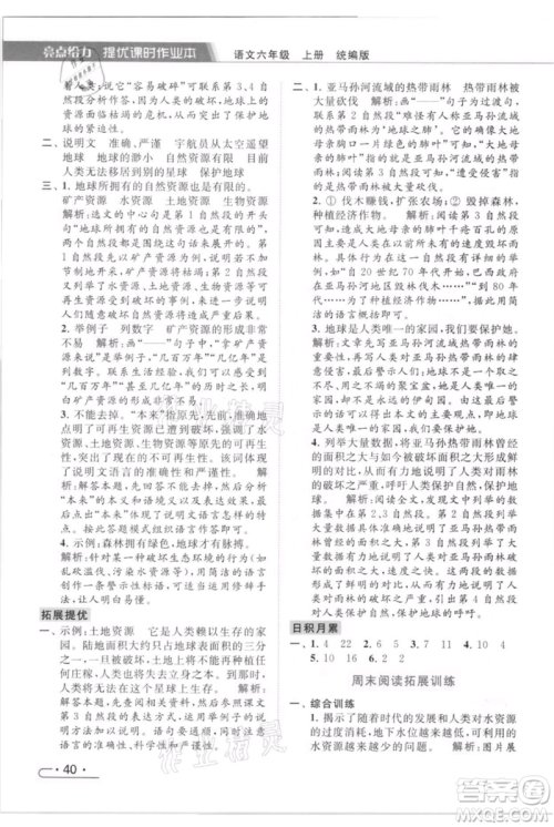 北京教育出版社2021秋季亮点给力提优课时作业本六年级上册语文统编版参考答案
