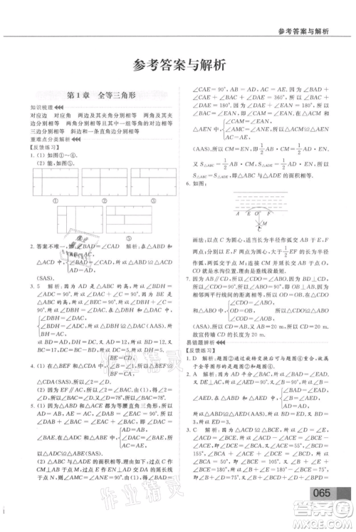 云南美术出版社2021秋季亮点给力提优课时作业本八年级上册数学通用版参考答案