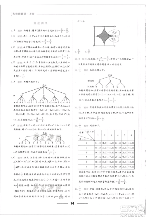 云南美术出版社2021秋季亮点给力提优课时作业本九年级上册数学通用版参考答案