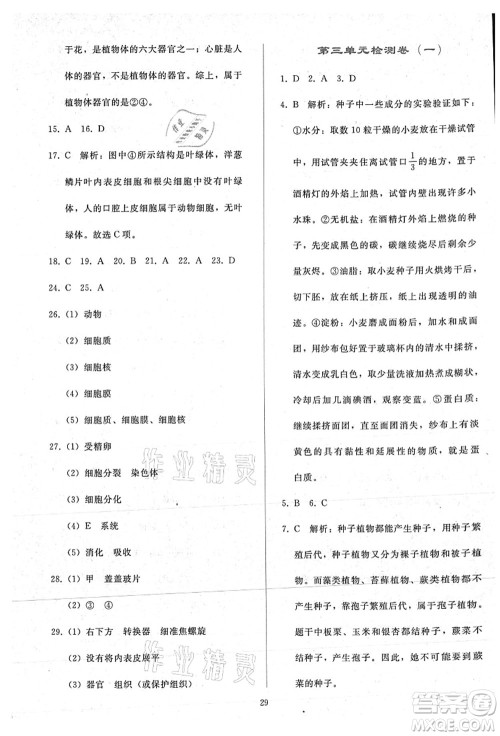 人民教育出版社2021同步轻松练习七年级生物上册人教版答案