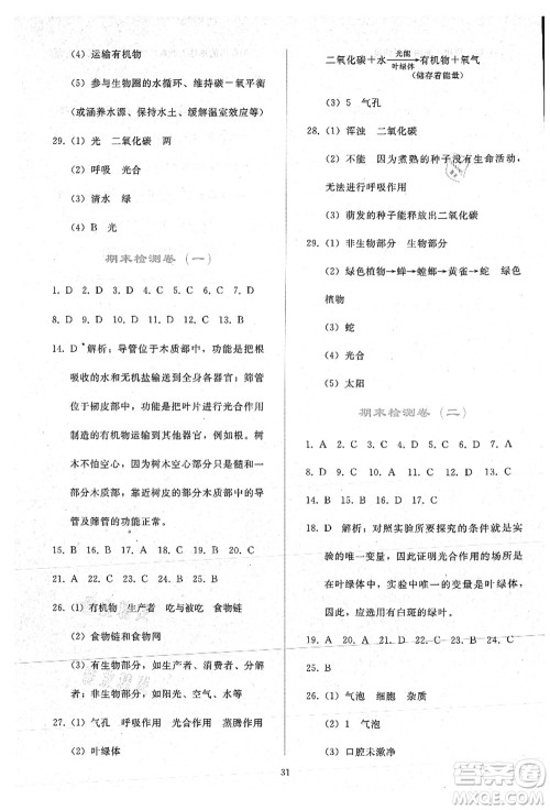 人民教育出版社2021同步轻松练习七年级生物上册人教版答案