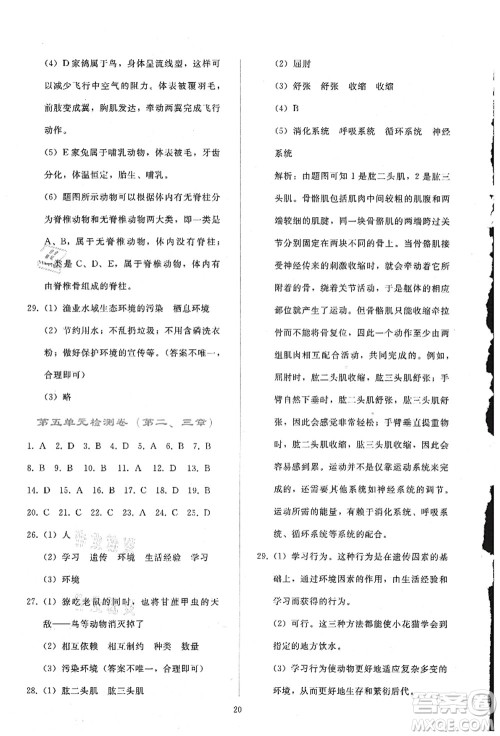 人民教育出版社2021同步轻松练习八年级生物上册人教版答案