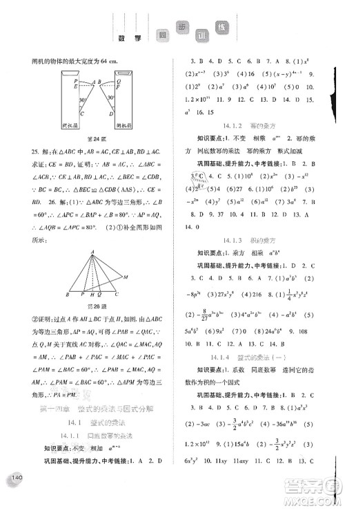 河北人民出版社2021同步训练八年级数学上册人教版答案