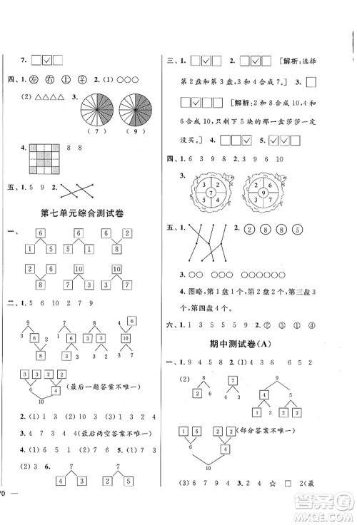 云南美术出版社2021同步跟踪全程检测及各地期末试卷精选一年级数学上册苏教版答案