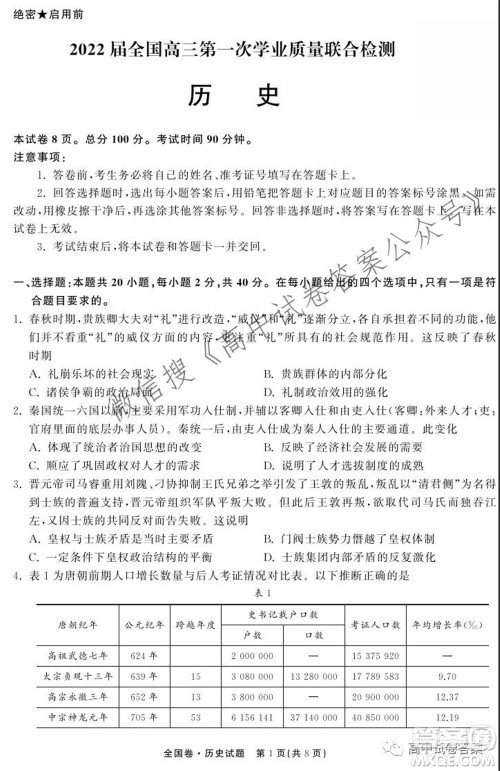 天舟高考2022届高三第一次学业质量联合检测历史试题及答案 天舟高考2022届高三第一次学业质量联合检测历史试题及答案