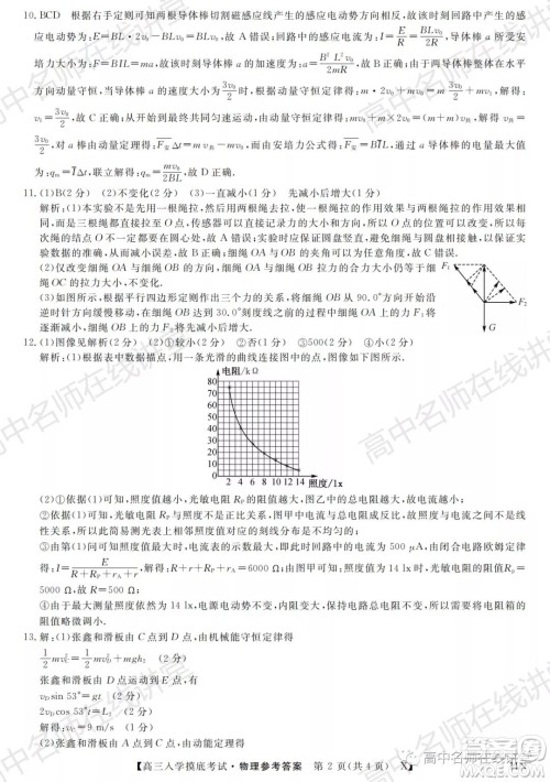 天壹名校联盟2022届高三入学摸底考试物理试题及答案