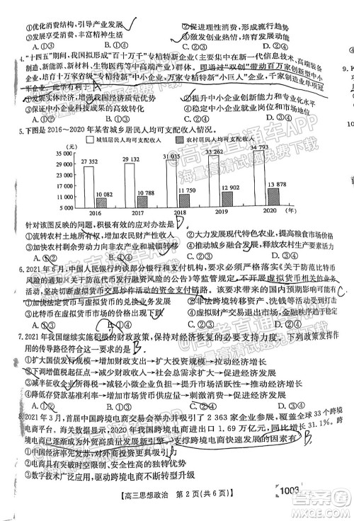 2022届金太阳百万联考1003高三思想政治试题及答案