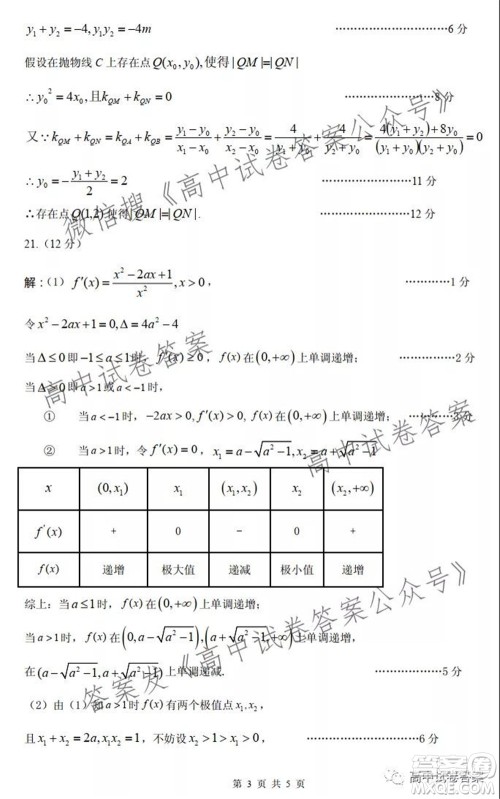 运城市2021年高三年级摸底调研测试文科数学答案