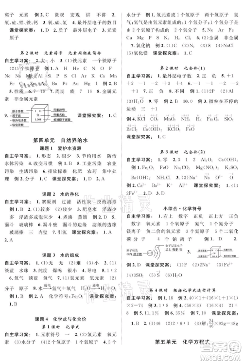 长江少年儿童出版社2021优质课堂导学案九年级上册化学人教版B课后作业参考答案 长江少年儿童出版社2021优质课堂导学案九年级上册化学人教版B课后作业参考答案