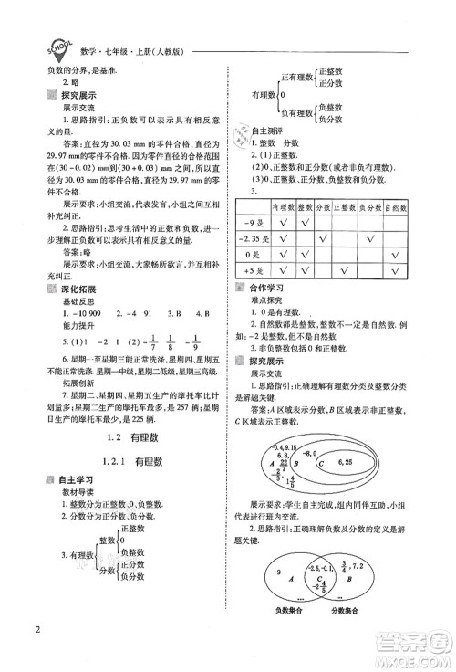 山西教育出版社2021新课程问题解决导学方案七年级数学上册人教版答案