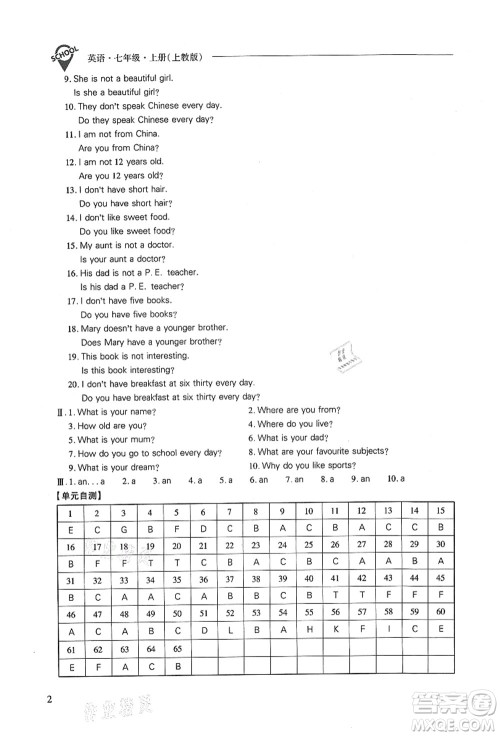 山西教育出版社2021新课程问题解决导学方案七年级英语上册上教版答案