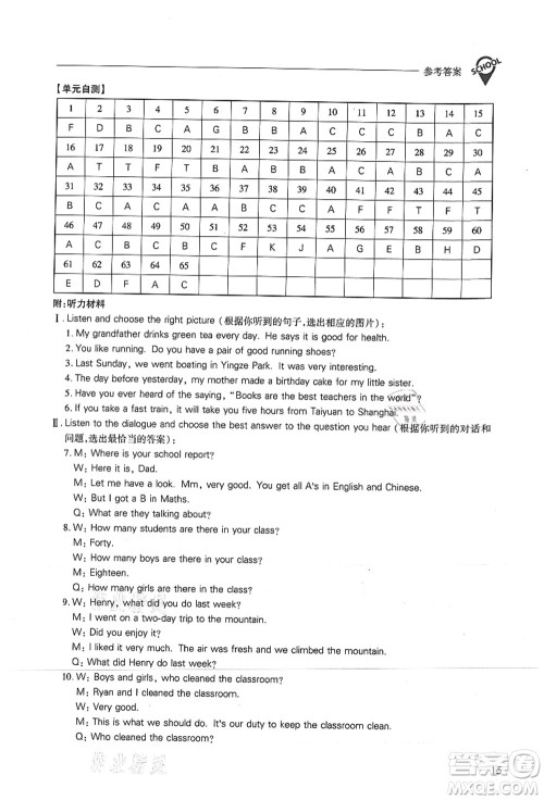 山西教育出版社2021新课程问题解决导学方案七年级英语上册上教版答案