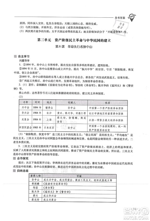 山西教育出版社2021新课程问题解决导学方案八年级历史上册人教版答案