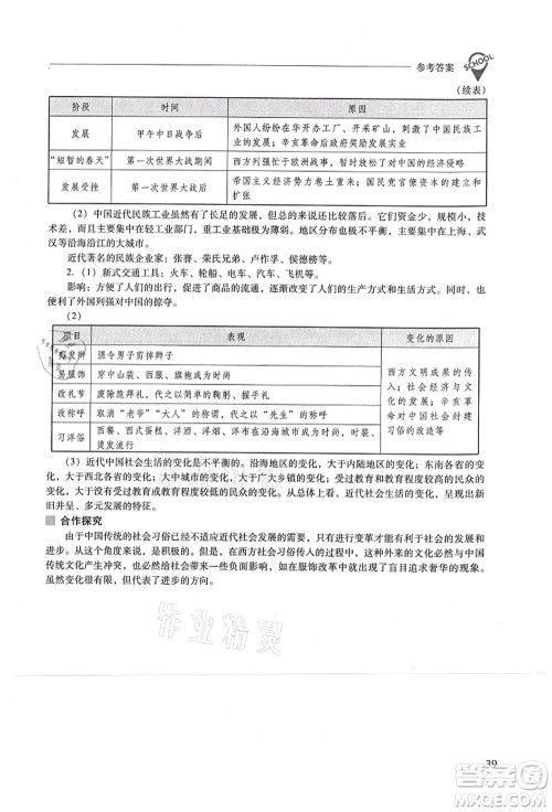 山西教育出版社2021新课程问题解决导学方案八年级历史上册人教版答案