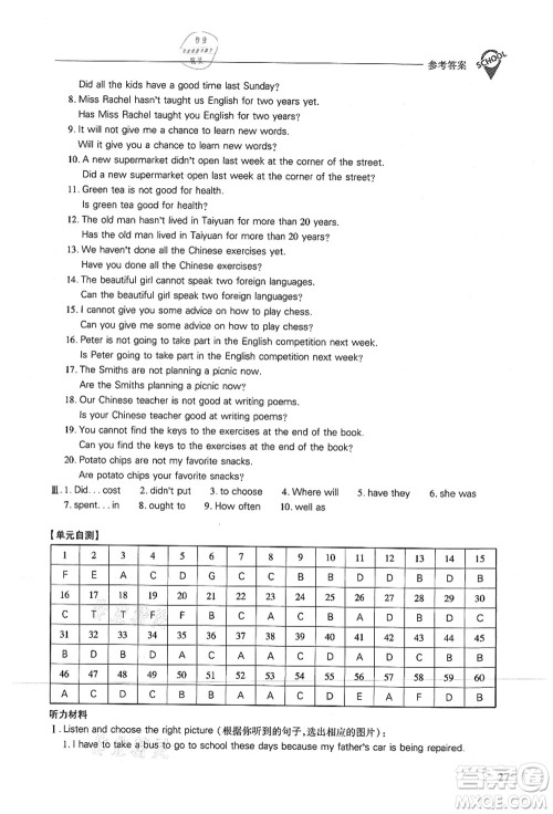 山西教育出版社2021新课程问题解决导学方案八年级英语上册上教版答案