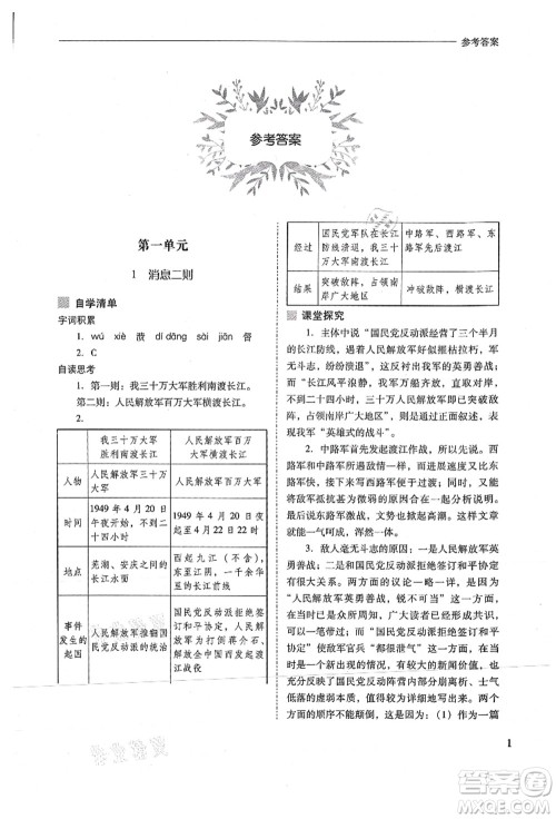 山西教育出版社2021新课程问题解决导学方案八年级语文上册人教版答案 山西教育出版社2021新课程问题解决导学方案八年级语文上册人教版答案