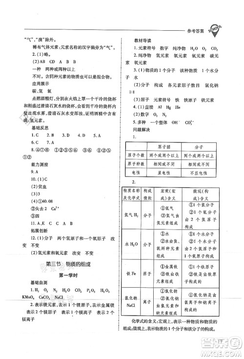 山西教育出版社2021新课程问题解决导学方案九年级化学上册沪教版答案