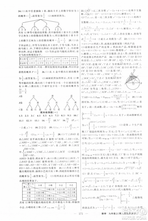 新疆青少年出版社2021黄冈100分闯关九年级上册数学人教版参考答案