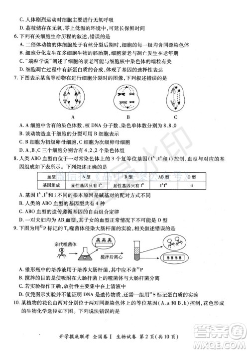 百师联盟2022届高三开学摸底联考全国卷生物试卷及答案