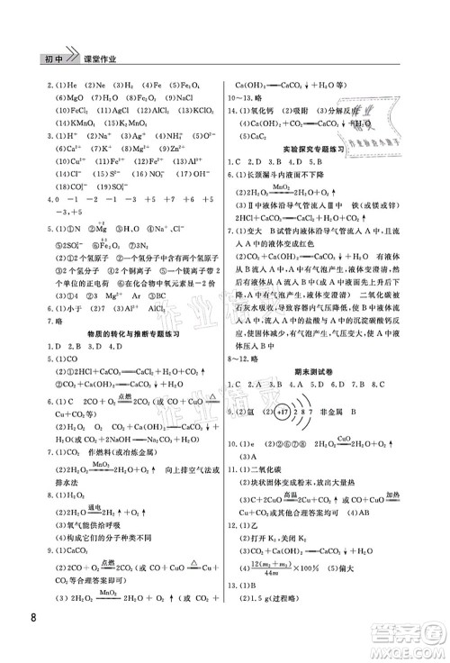 武汉出版社2022智慧学习天天向上课堂作业九年级化学上册人教版答案