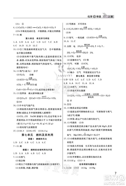 武汉出版社2022智慧学习天天向上课堂作业九年级化学上册人教版答案