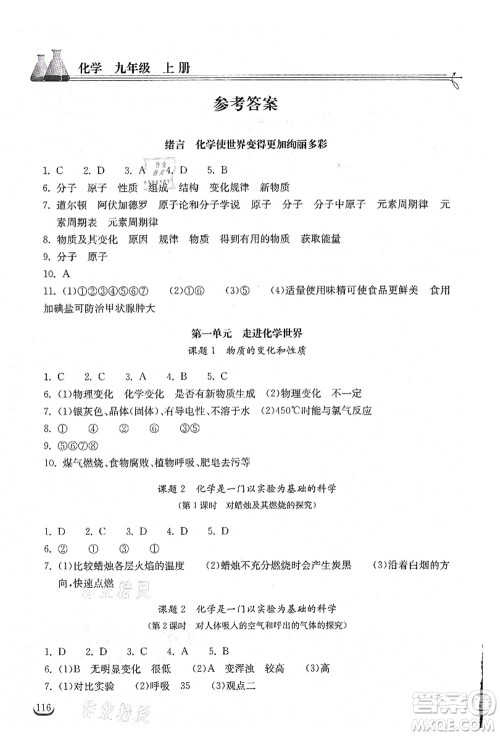 湖北教育出版社2021长江作业本同步练习册九年级化学上册人教版答案