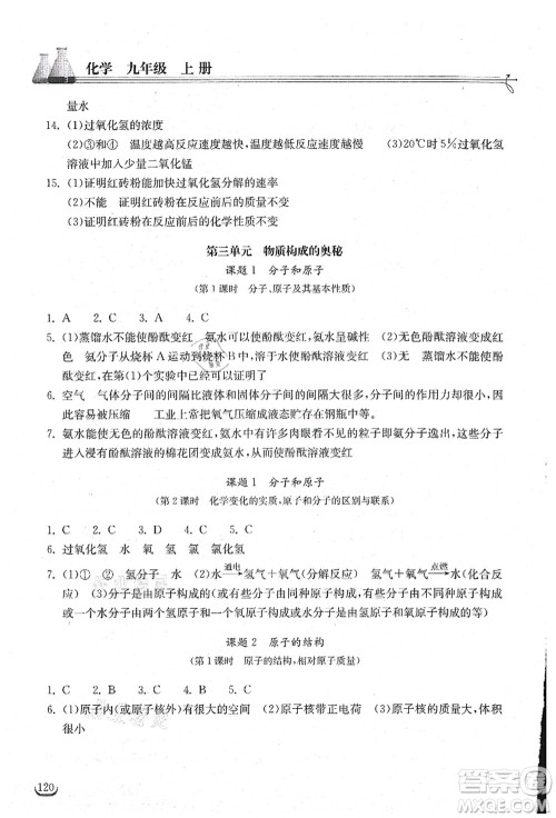 湖北教育出版社2021长江作业本同步练习册九年级化学上册人教版答案