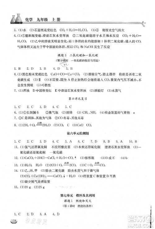 湖北教育出版社2021长江作业本同步练习册九年级化学上册人教版答案