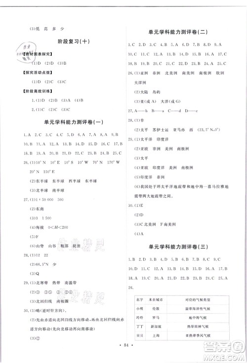 人民教育出版社2021能力培养与测试七年级地理上册人教版答案 人民教育出版社2021能力培养与测试七年级地理上册人教版答案