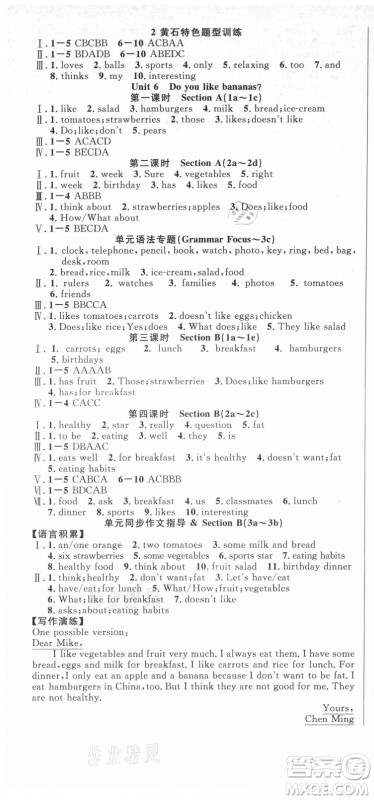 新世纪出版社2021课时夺冠英语七年级上册R人教版黄石专版答案