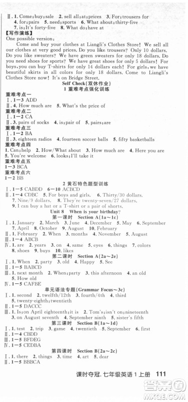 新世纪出版社2021课时夺冠英语七年级上册R人教版黄石专版答案