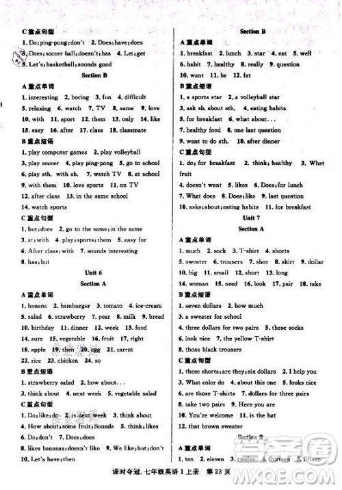新世纪出版社2021课时夺冠英语七年级上册R人教版黄石专版答案 新世纪出版社2021课时夺冠英语七年级上册R人教版黄石专版答案
