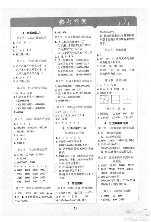 陕西师范大学出版总社有限公司2021小学学霸冲A卷四年级数学上册RJ人教版答案