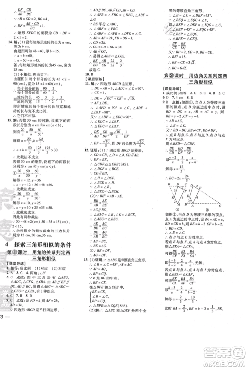 安徽教育出版社2021点拨训练课时作业本九年级上册数学北师大版参考答案
