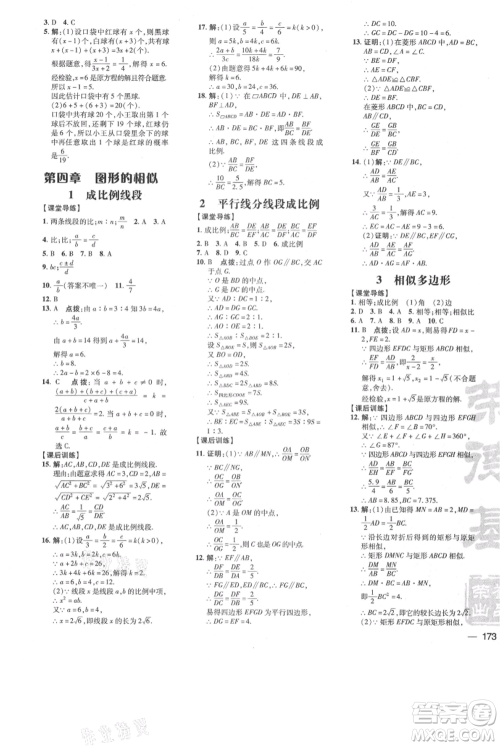 安徽教育出版社2021点拨训练课时作业本九年级上册数学北师大版参考答案