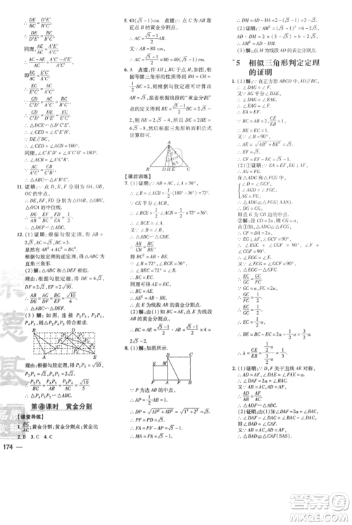 安徽教育出版社2021点拨训练课时作业本九年级上册数学北师大版参考答案