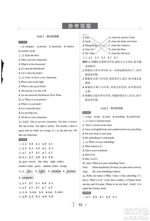 陕西师范大学出版总社有限公司2021小学学霸冲A卷四年级英语上册RJ人教版答案