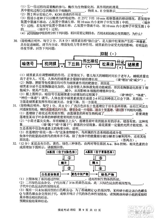 2022届广西普通高校摸底考试理科综合试题及答案