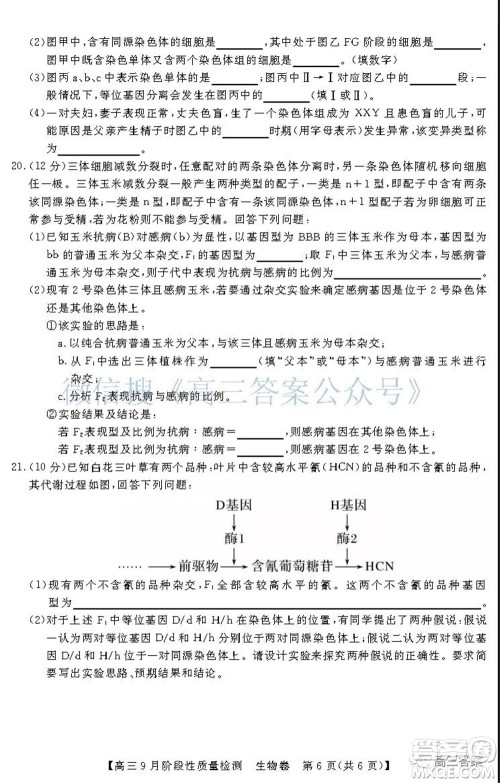 广东省普通高中2022届高三9月阶段性质量检测生物试题及答案