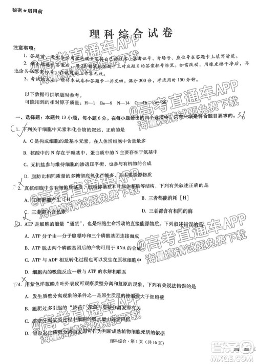 2022届贵阳一中高考适应性月考一理科综合试题及答案 2022届贵阳一中高考适应性月考一理科综合试题及答案