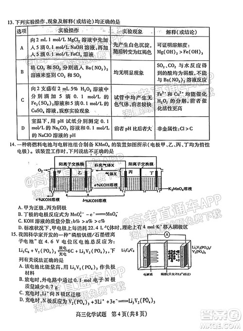 运城市2021年高三年级摸底调研测试化学试卷及答案 运城市2021年高三年级摸底调研测试化学试卷及答案