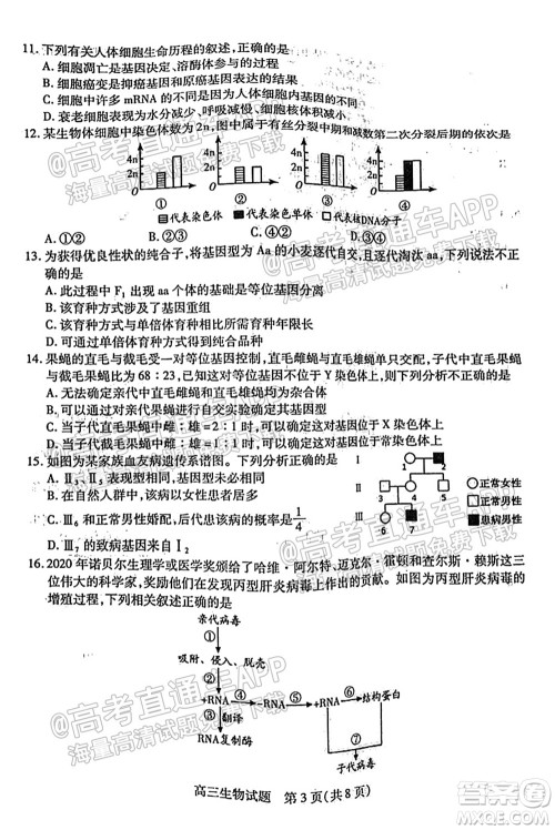 运城市2021年高三年级摸底调研测试生物试卷及答案