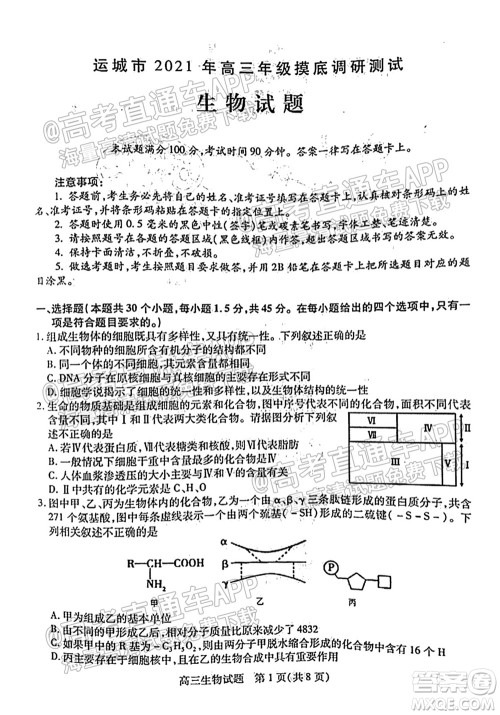 运城市2021年高三年级摸底调研测试生物试卷及答案