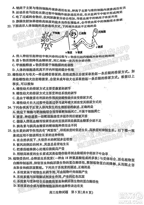 运城市2021年高三年级摸底调研测试生物试卷及答案