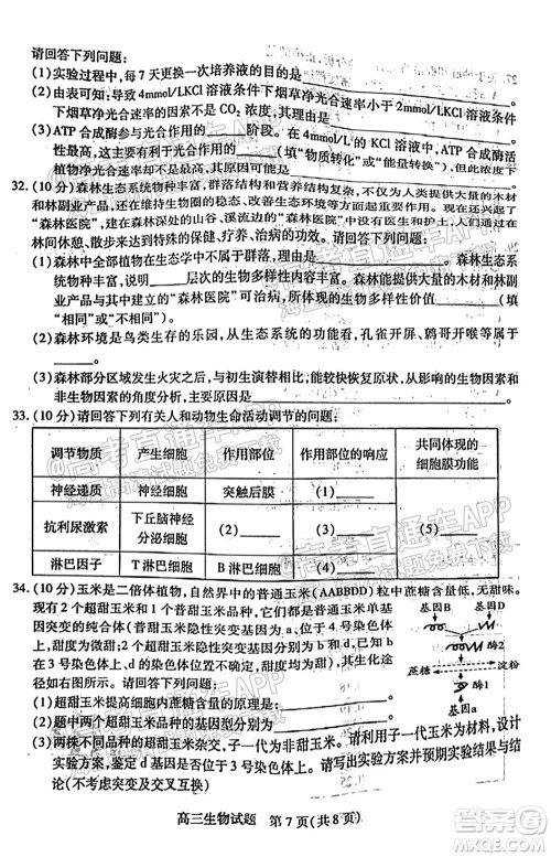 运城市2021年高三年级摸底调研测试生物试卷及答案