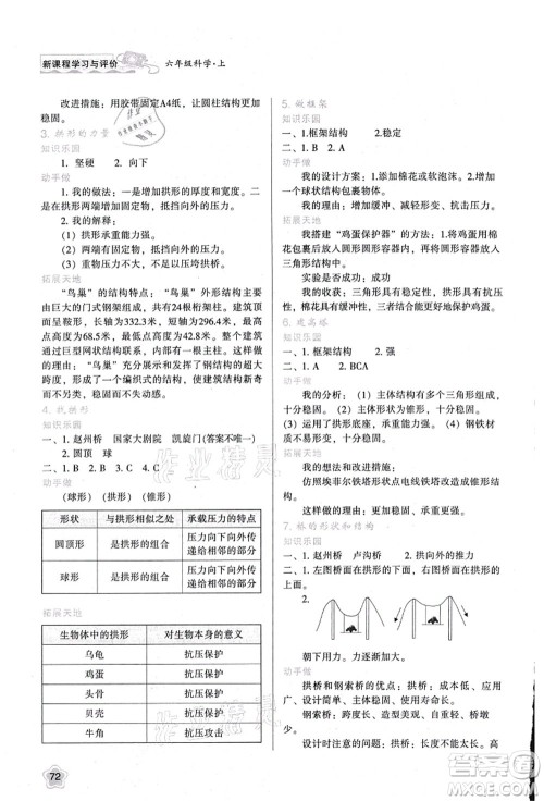 陕西人民教育出版社2021新课程学习与评价六年级科学上册K版教科版参考答案 陕西人民教育出版社2021新课程学习与评价六年级科学上册K版教科版参考答案