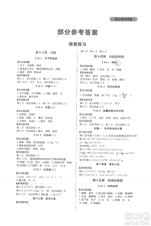 四川教育出版社2021新课程实践与探究丛书九年级物理人教版参考答案