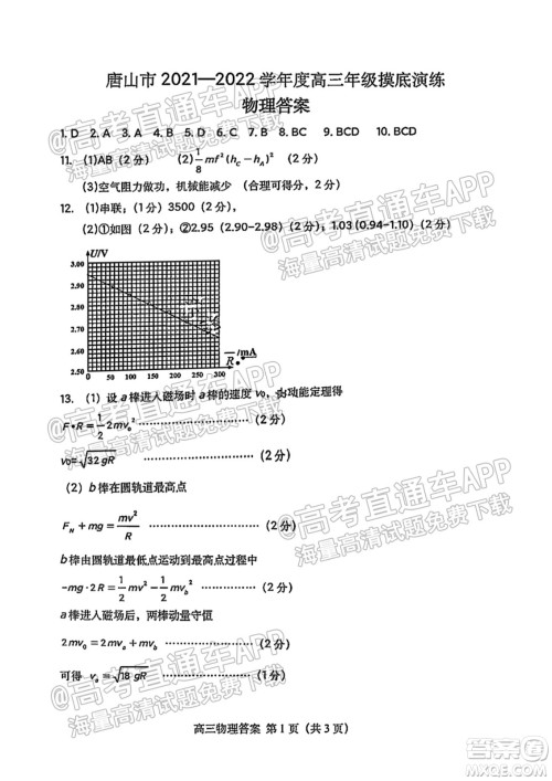 唐山2021-2022学年度高三年级摸底演练物理试题及答案