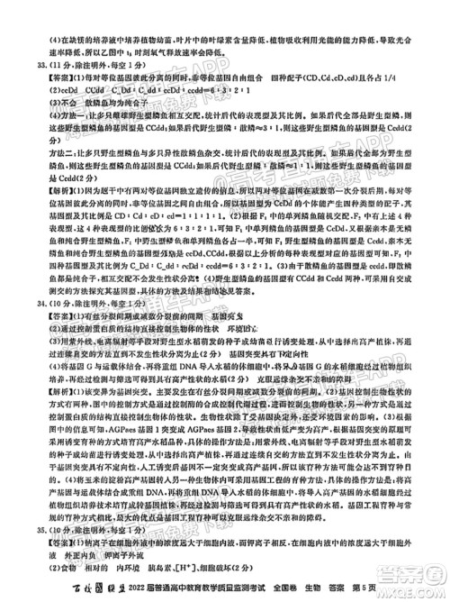 百校联盟2022届普通高中教育教学质量监测考试全国卷生物答案